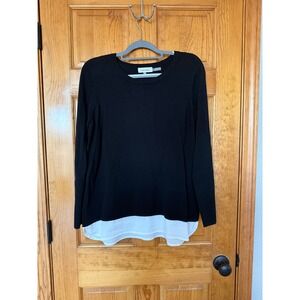 Calvin Klein Womens Black Layered Look Knit Sweater White Hem Size Large L